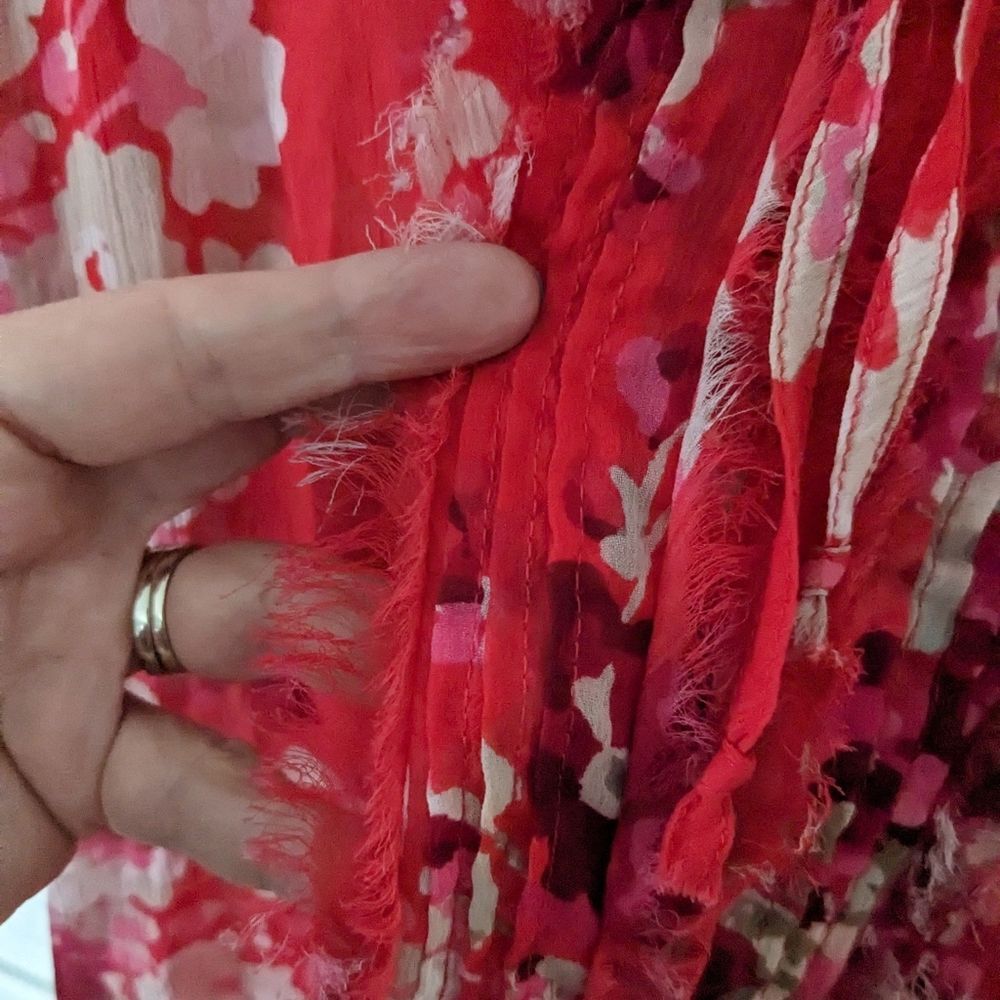 Express Womens sz M Boho Fuschia/Red/Pink Floral Sheer Top w/Ruffles Blouson - Picture 8 of 13